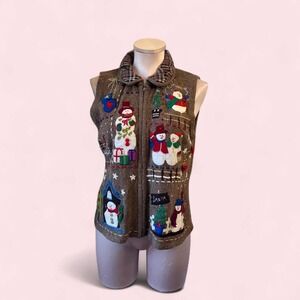 Sun Joy Vintage Christmas Sweater Vest Snowman Santa Zip Front Brown Small